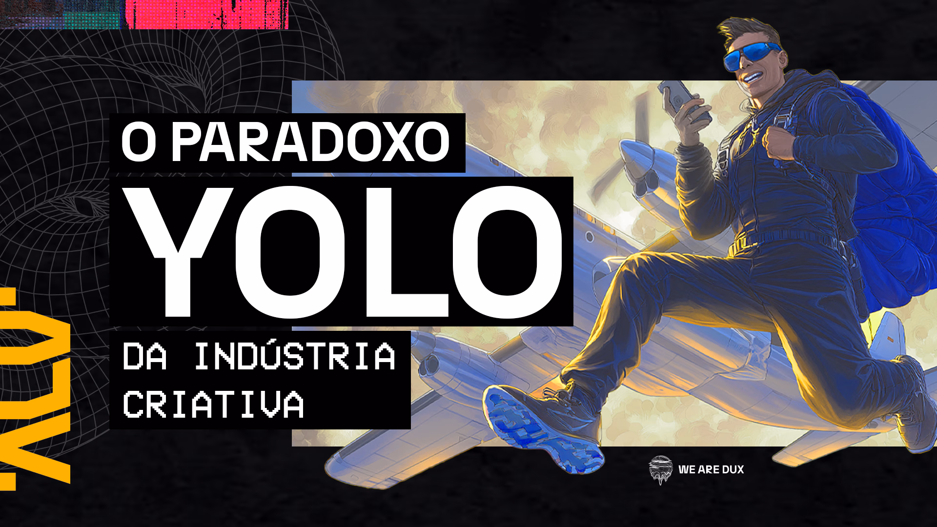 Ilustração para o artigo da DUX sobre 'O Paradoxo YOLO da Indústria Criativa'. Um profissional criativo pula de paraquedas de um avião enquanto usa o celular, simbolizando o ato de correr riscos na carreira ao mesmo tempo em que se dedica a criar conteúdo.