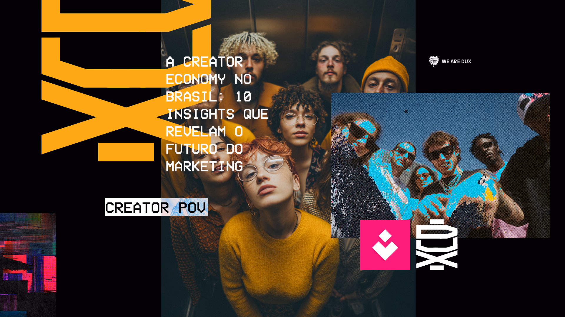 Capa do estudo da DUX 'A Creator Economy no Brasil: 10 insights que revelam o futuro do marketing'. A imagem principal mostra um grupo diverso de jovens criadores de conteúdo em um elevador, representando a nova geração de influenciadores digitais no país.