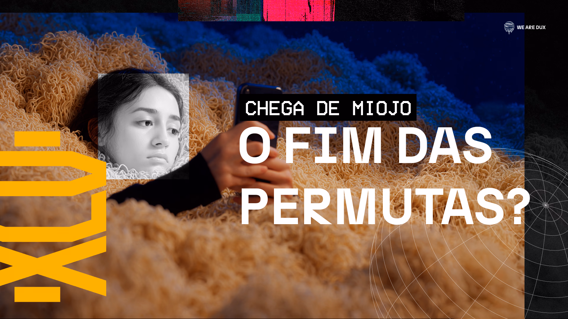 Ilustração para o artigo da DUX 'Chega de miojo: o fim das permutas?'. Uma criadora de conteúdo emerge de uma pilha de macarrão instantâneo, metaforizando a precarização e a necessidade de monetização para influenciadores.