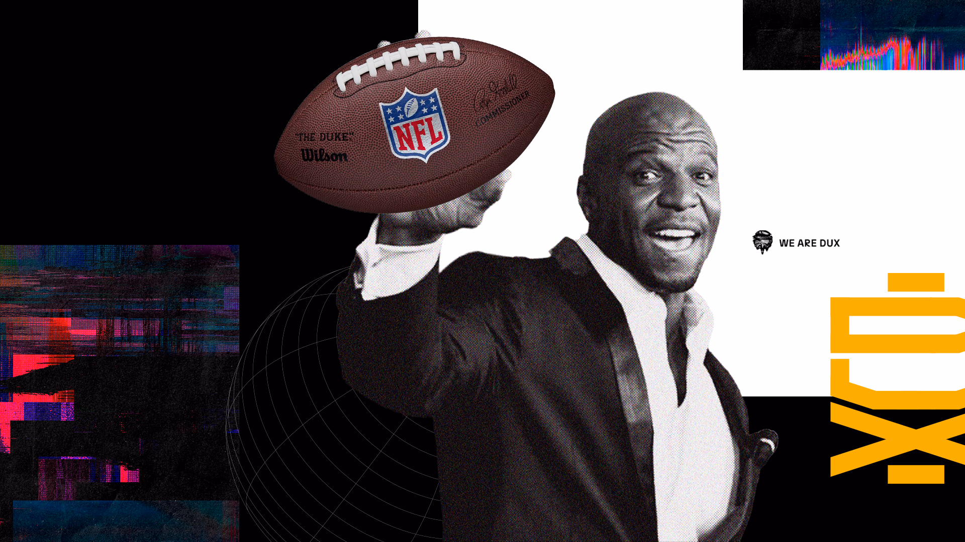 Terry Crews em traje formal segurando uma bola oficial da NFL com a marca “The Duke”. Visual remete a energia e performance, com estética gráfica moderna e elementos visuais da DUX. Composição usa o esporte como metáfora para estratégia na creator economy.