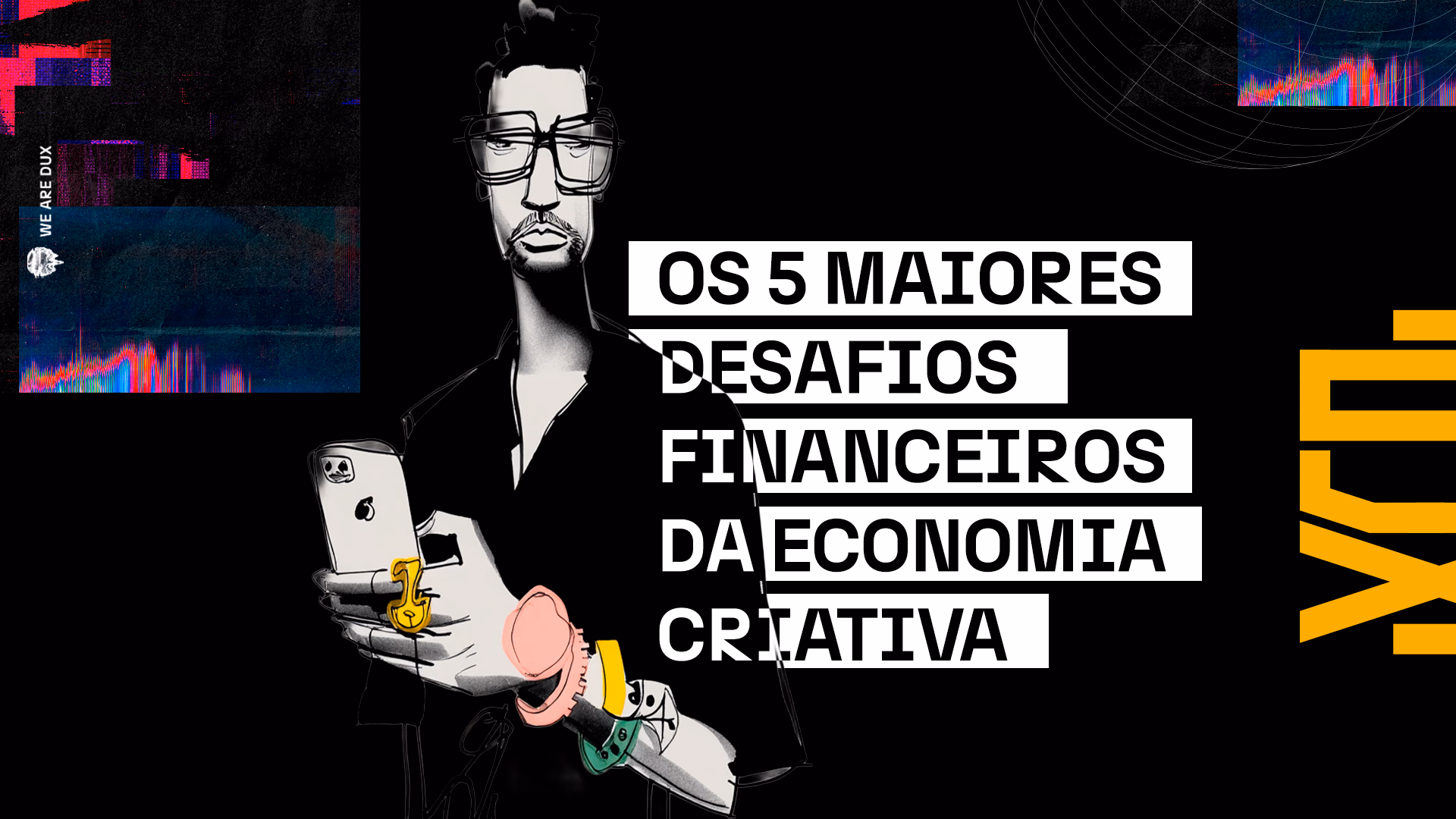 Arte visual sobre finanças na creator economy, com destaque para os 5 maiores desafios financeiros enfrentados por criadores de conteúdo, agências e coletivos. Estética digital contemporânea, com elementos gráficos modernos e tipografia de impacto.