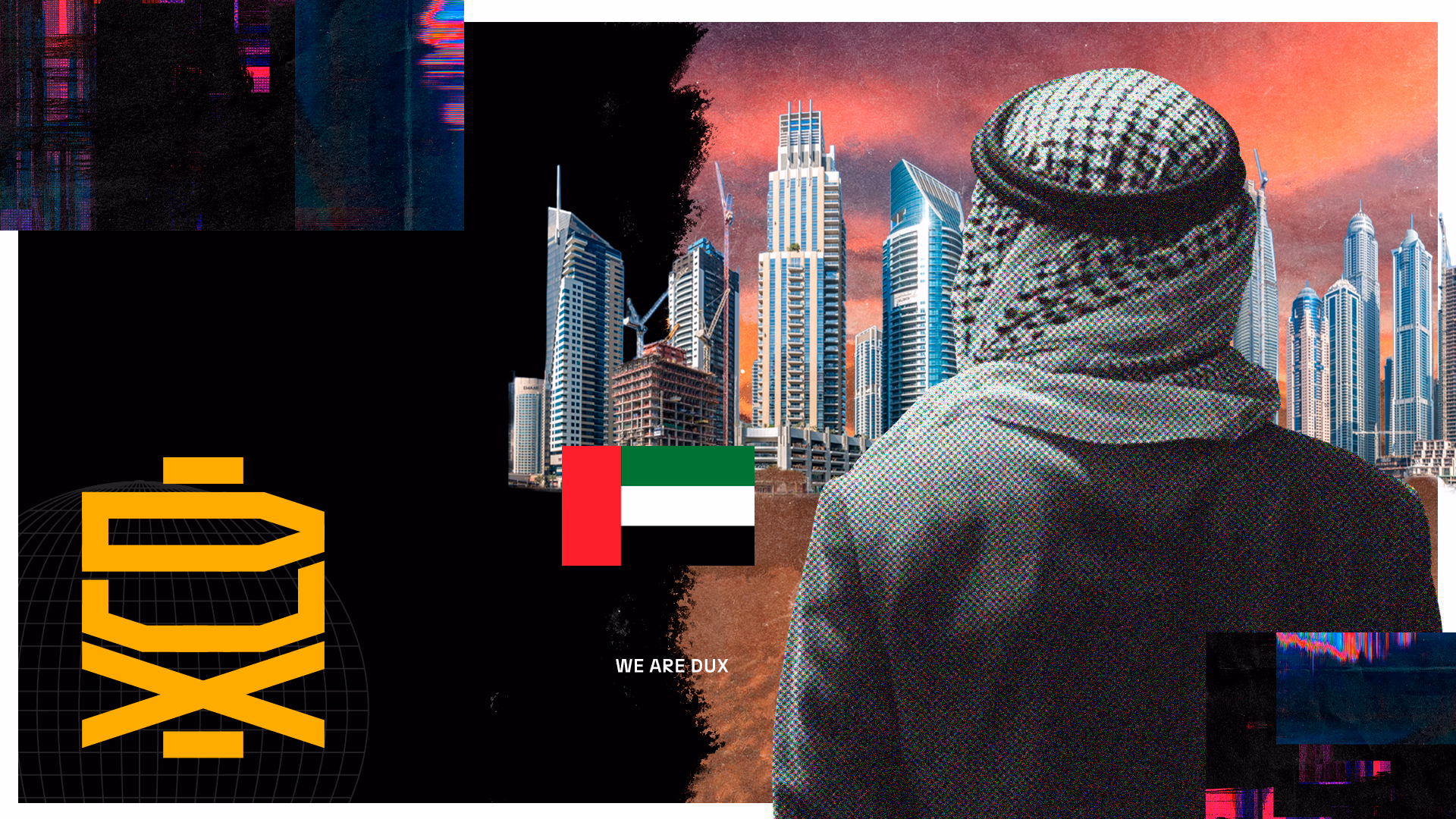 A person in an Arab tunic observes the futuristic skyline of Dubai at sunset, with tall buildings under construction. Modern graphic elements, such as the DUX logo in yellow and black, the flag of the United Arab Emirates, and visual glitches complete the composition.